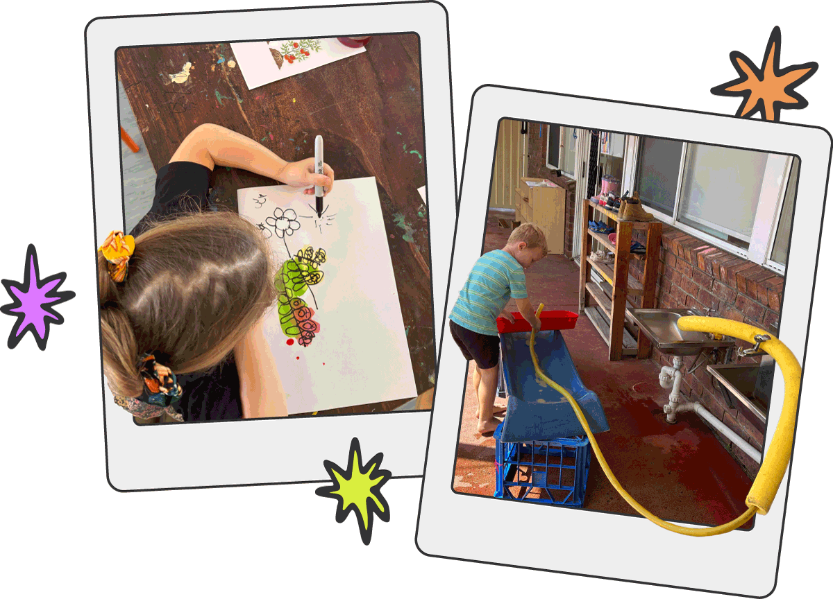 An illustrative element featuring two photographs of children drawing and playing imaginatively in different settings